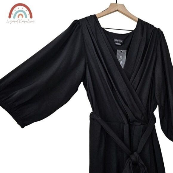 New! City Chic Opulent Faux Wrap Elbow Sleeve Black Midi Dress - Picture 5 of 15